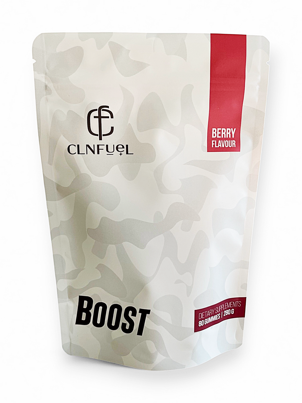 CLNFUEL pre-workout energy gummies in berry flavor bag